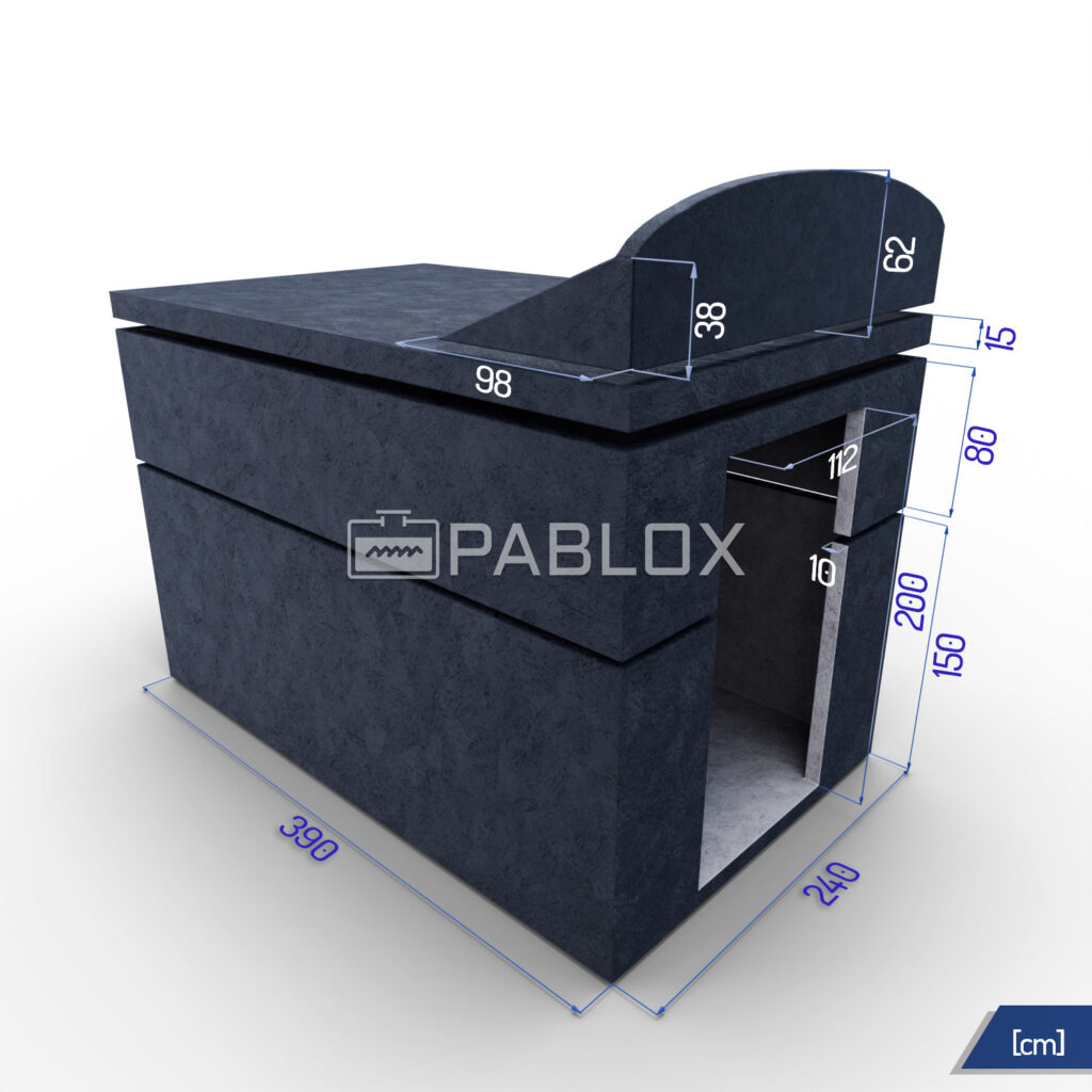 Modulární betonový sklep 390 × 240 × 345 - boční vstup s opěrnou zdí
